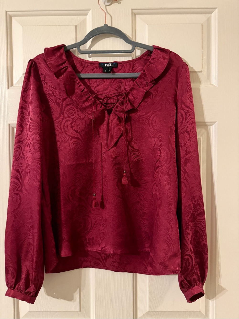 PAIGE Red Damask Satin Lace-Up Ruffle Blouse - size S